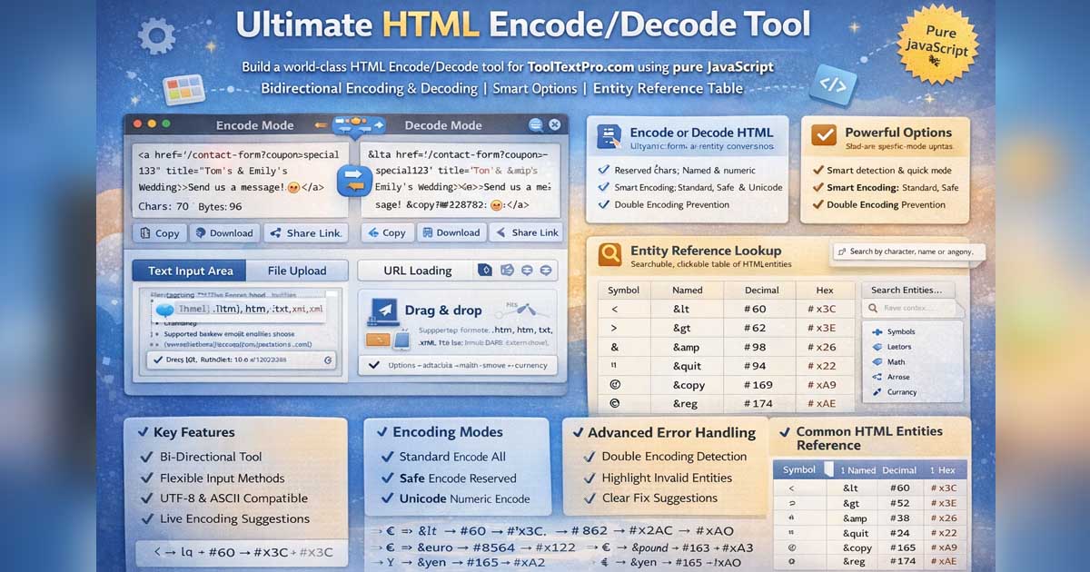 HTML Encoder/Decoder — Free Online HTML Entity Converter | ToolTextPro